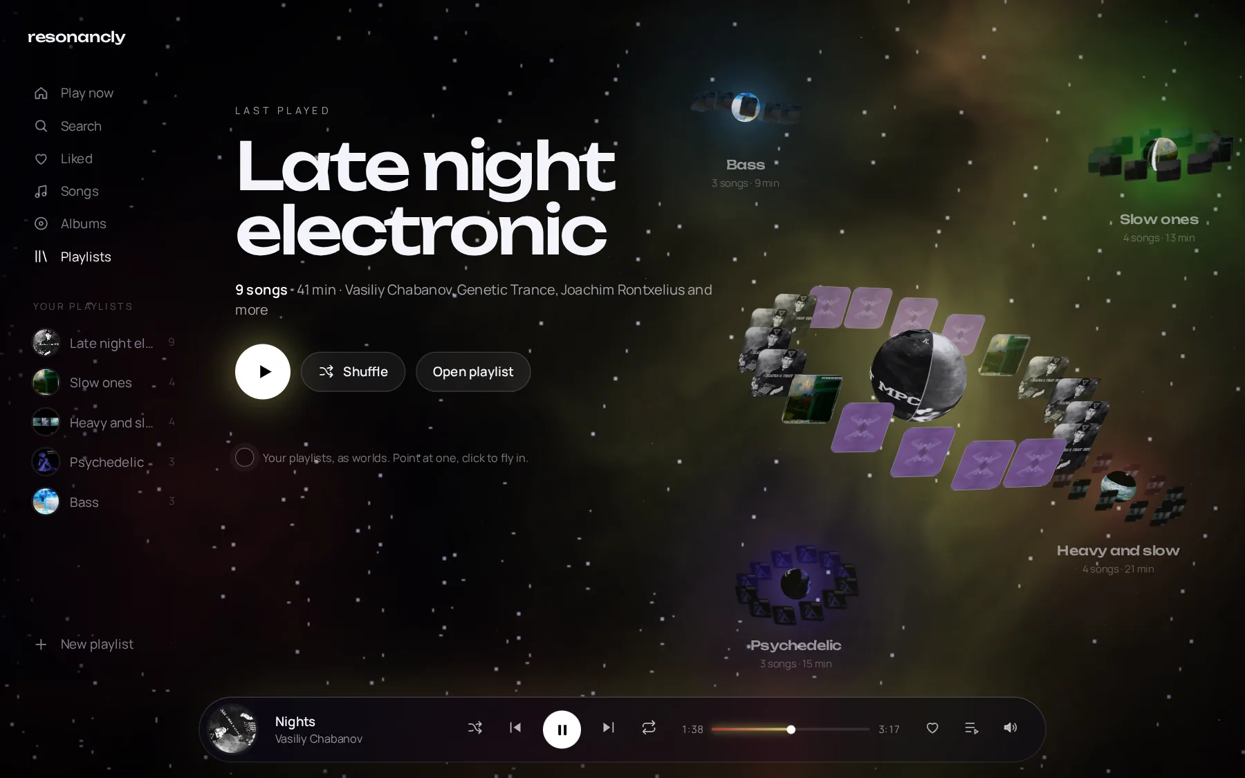 Resonancly on a laptop: playlists shown as worlds of album covers in a galaxy