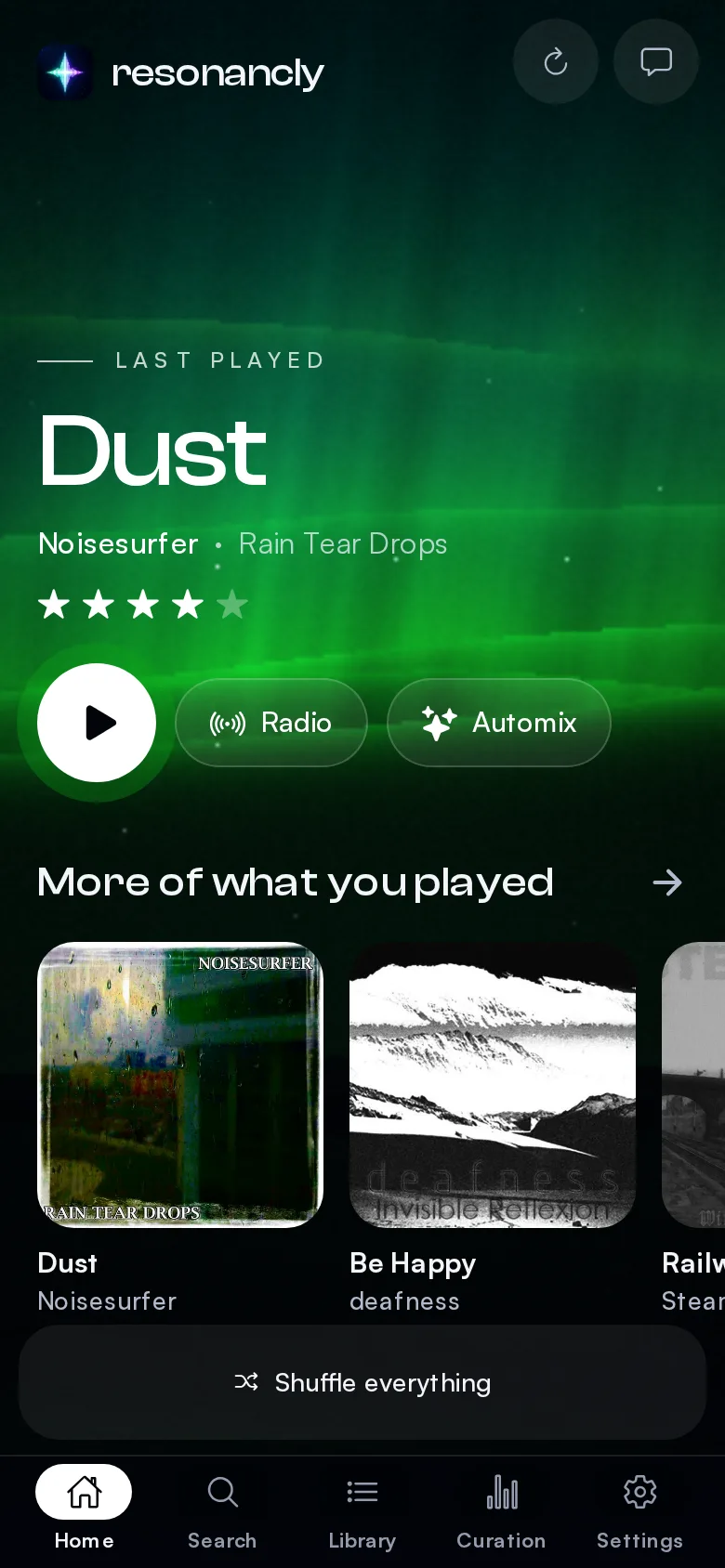 Resonancly's home screen: last played, Radio and Automix, and more of what you played