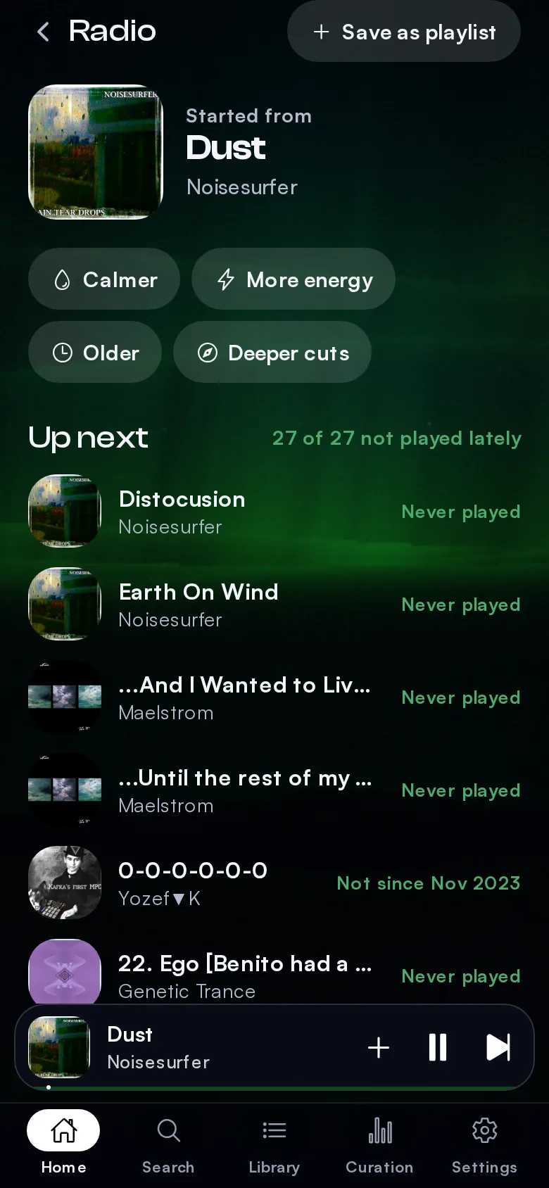 Resonancly's Radio on Android with the Calmer, More energy, Older and Deeper cuts dial, and 27 of 27 songs not played lately